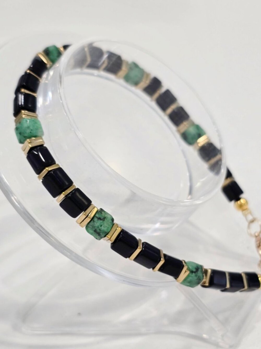 Handmade ✦ Black Onyx & Dragons Blood Stone Bracelet ✦ Gold Hematite Adjustable - Picture 5 of 11